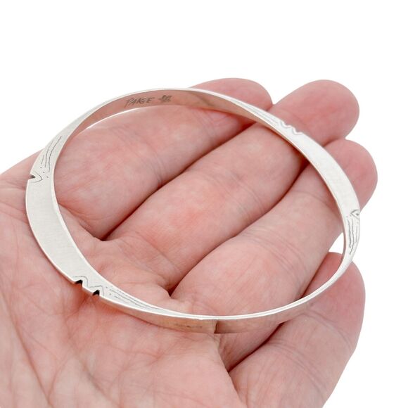 Vintage Paige Sterling Silver 925 5mm Notched Bangle Bracelet 7.75" - Picture 1 of 8